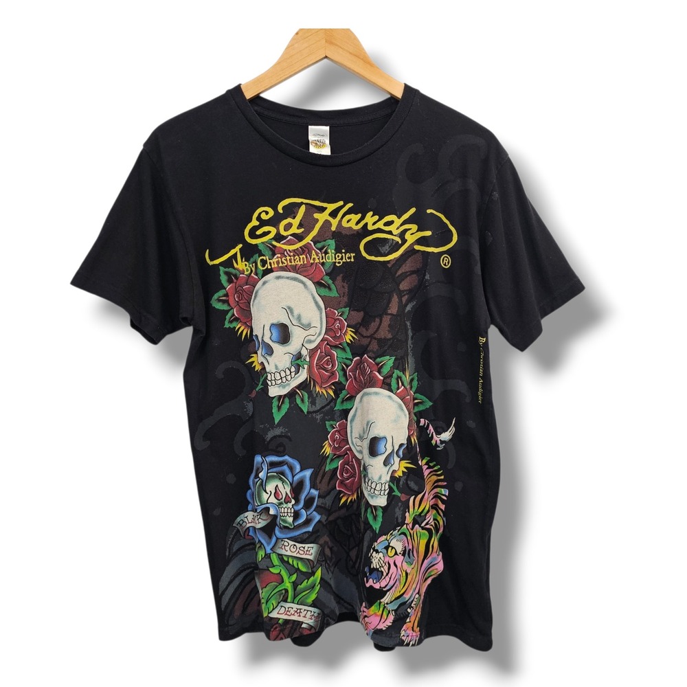 Vtg Ed Hardy T-Shirt M Mens Black Skull Tiger Rose Christian Audigier Tattoo USA